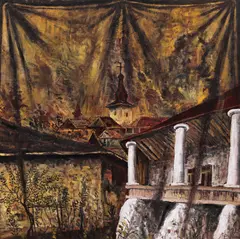 Turlă la Văratic by Horia Bernea, 1995, ulei pe pânză, sold Oct 2023