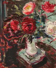 Vas cu trandafiri by Dimitrie Berea, 1957, ulei pe carton, sold Oct 2023