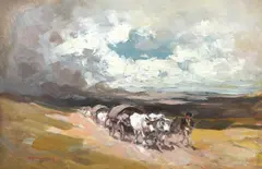 Nicolae Grigorescu, Convoi de care cu boi, pe înserat, 1903, ulei pe lemn