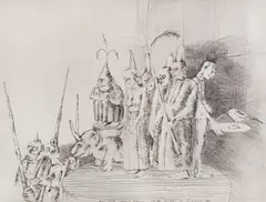 Carnaval by Ștefan Câlția, 1983, peniță pe hârtie lipită pe carton, offered Oct 2023