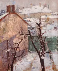 Zi de iarnă în București by Dimitrie Serafim, ulei pe pânză, sold Oct 2023