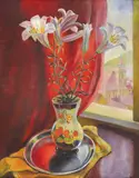 Carol Hübner, Ulcior cu crini albi, 1942, ulei pe placaj