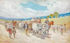 Întoarcerea de la câmp by Jean Cheller, 1937, ulei pe carton, sold Oct 2023