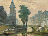Șlepuri pe Tamisa by Constantin Isachie Popescu, ulei pe carton, sold Oct 2023