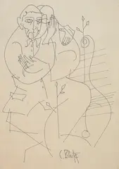 Îmbrățisare by Constantin Piliuță, tuș pe hârtie, sold Sep 2023