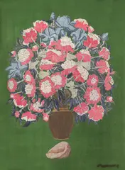 Vasile Celmare, Vas cu bujori, 2000, tempera cu emulsie pe hârtie lipită pe carton