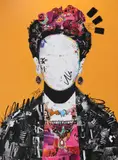 Ovidiu Solcan, Frida, 2023, acrilic pe pânză, colaj din reviste reciclate, tăiate și lipite manual
