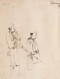 Muzicanți by Sorin Ilfoveanu, 1984, laviu pe hârtie, sold Sep 2023