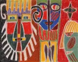 Măști by Sanda Șaramat, 1982, creioane cerate pe hârtie, sold Sep 2023