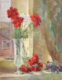 Pahar cu garoafe by Freda Trybalski Delnevo, 1940, ulei pe carton, sold Sep 2023