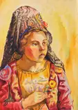 Carol Hübner, Mireasă (Micuță săsoaică), 1938, acuarelă și creion pe hârtie