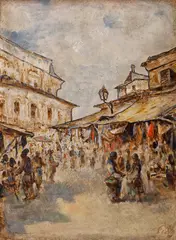 Piață din Câmpulung by Pan Ioanid, ulei pe carton, sold Sep 2023