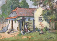 În gospodărie by Pan Ioanid, ulei pe carton, sold Sep 2023