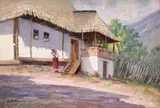 Ion Doboşariu, Țărăncuță în fața casei, ulei pe carton