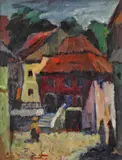 Case din Ardeal by Despina Ghinokastra Istrati, 1949, ulei pe pânză, sold Sep 2023