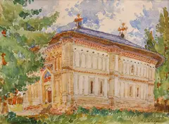 Sfânta Treime din Golești by George Catargi, acuarelă și creion pe hârtie, sold Sep 2023