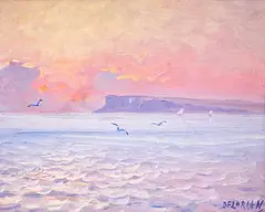 Răsărit pe mare by Dimitrie Florian, ulei pe carton, sold Sep 2023