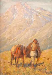 Munteni by Ary Murnu, ulei pe carton, sold Sep 2023