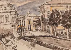 Sanda Șaramat, Stradă din Târgoviște, 1978, tuș și laviu pe hârtie