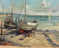 Bărci la mal by Constion, ulei pe carton, sold Jul 2023