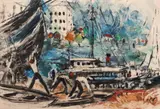 Iosif Rosenblut, Marinari în port, guașă și tempera pe hârtie