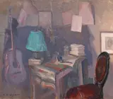 Interior cu chitară by Leon Biju, ulei pe carton, offered Jul 2023