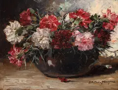 Garofițe roz by Elena Müller-Stăncescu, ulei pe carton, sold Jul 2023