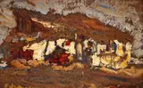 Casă țărănească by Rudolf Schweitzer–Cumpăna, ulei pe carton, sold Jul 2023