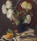 Natură statică cu crizanteme, gutuie și ștergar by Leon Biju, ulei pe carton, sold Jul 2023