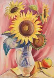 Carol Hübner, Natură statică cu floarea soarelui și măr, 1938, acuarelă pe hârtie