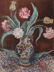 Ulcior cu lalele by Vasile Popescu, ulei pe carton, offered Jul 2023
