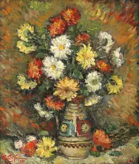Ulcior cu crizanteme by Ion Panteli Stanciu, 1974, ulei pe pânză, offered Jul 2023