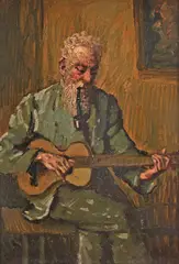 Cântec de chitară by Theodor Cateliu, ulei pe carton, sold Jul 2023
