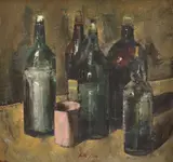 Dumitru Bostan, Natură statică cu sticle, 1993, ulei pe carton pânzat