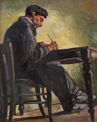 Ionel Ioanid, Autoportret la birou, ulei pe carton