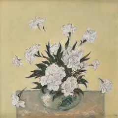Vas cu garoafe by George Dumitru, 1993, ulei pe pânză, offered Jul 2023
