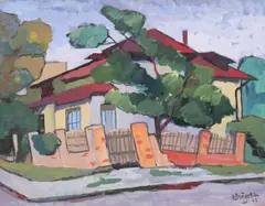 Radu Drăgoescu, Casă, 1974, guașă pe hârtie lipită pe carton