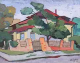 Radu Drăgoescu, Casă, 1974, guașă pe hârtie lipită pe carton
