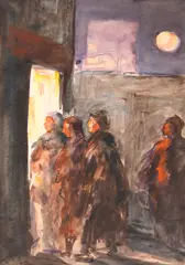 Intrarea în biserică by Samuel Mützner, acuarelă și creion pe hârtie, offered Jul 2023