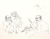 Muzicanți by Constantin Piliuță, 1996, tuș pe hârtie, sold Jul 2023