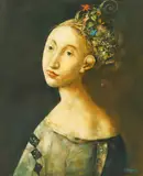 Femme à la coiffure fleurie by Georges Mazilu, acrilic pe pânză, sold Jul 2023