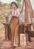 Țărăncuță la fântână by Nicolae Vermont, cca. 1906, ulei pe carton, sold Jun 2023