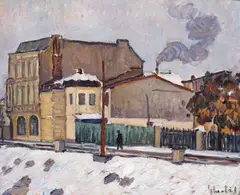 Iarnă în București by Dumitru Ghiață, ulei pe carton, sold Jun 2023