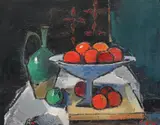 Gheorghe G. Vânătoru, Natură statică cu ulcior și pomieră cu fructe, 1978, ulei pe carton