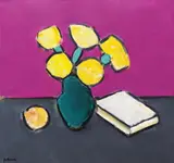 Ion Pacea, Natură statică cu anemone și cărți, cca. 1993, ulei pe carton