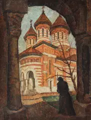 Leon Viorescu, În curtea bisericii Visarion, ulei pe carton