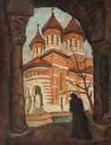 Leon Viorescu, În curtea bisericii Visarion, ulei pe carton