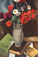 Tache Papatriandafil, Natură statică cu maci și cărți, 1930, ulei pe carton
