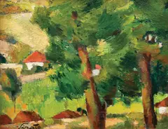 Francisc Șirato, În sat pe vale, cca. 1925, ulei pe carton