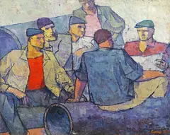 Muncitori citind directivele Partidului by Mihai Rusu, 1960, ulei pe pânză, offered May 2023